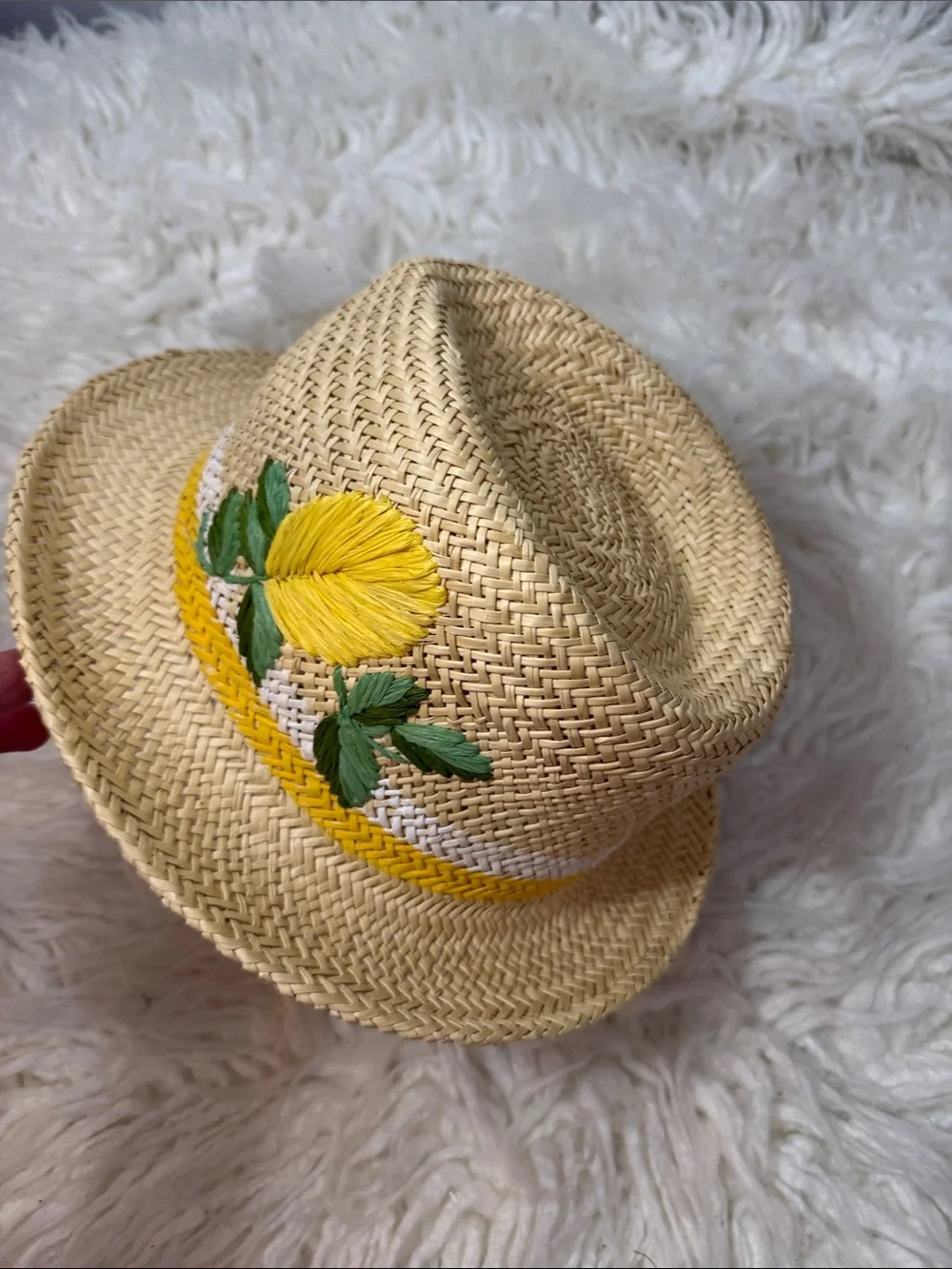 kate spade l Straw Fedora with Yellow Lemon embroidered Motif OS